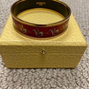 Hermès red horses gold plated wide bangle bracelet